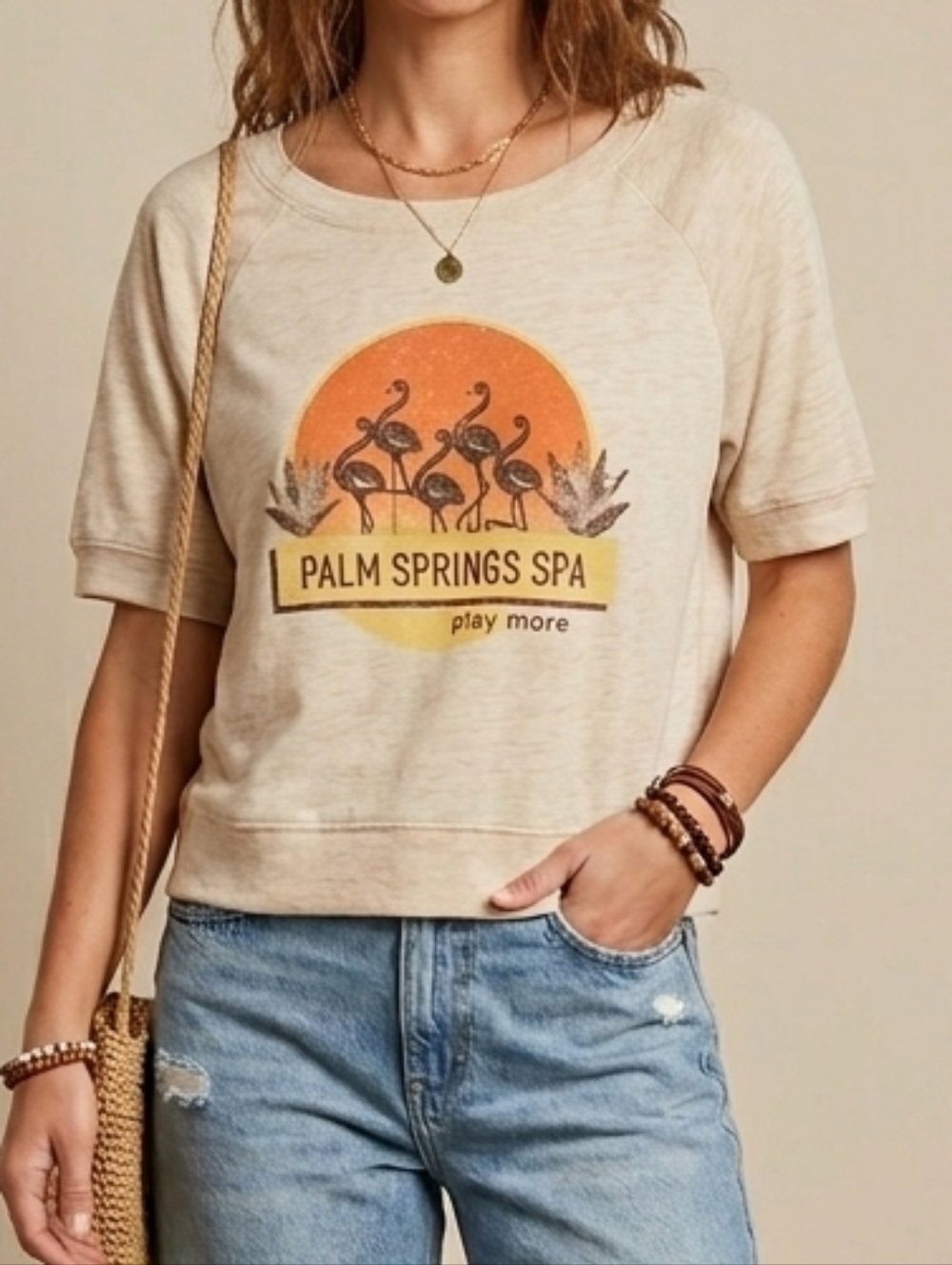 Palm Springs Spa Graphic Crop Tee Modern Retro Flamingo Shirt  Medium